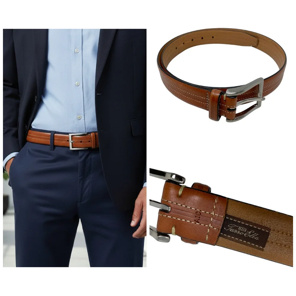 Vintage Y2K Tasso Elba Men's Sz 36 Brown Leather Dress Belt Double Topstitching